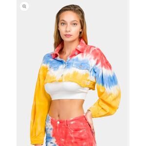 American Bazi Primary Colors Tie Dye Cropped Denim Jacket -S